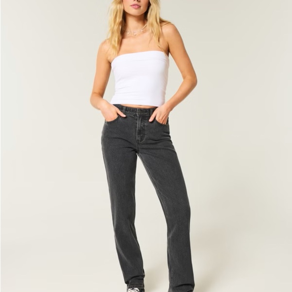 Hollister High-Rise Straight Jeans Washed Black Vintage Stretch 23 Short 000S